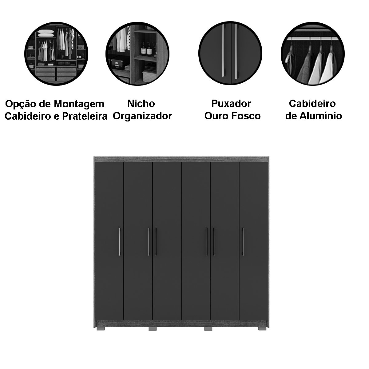 Guarda-Roupa 6 Portas 6 Gavetas 100% MDF Recife Nature/Champagne