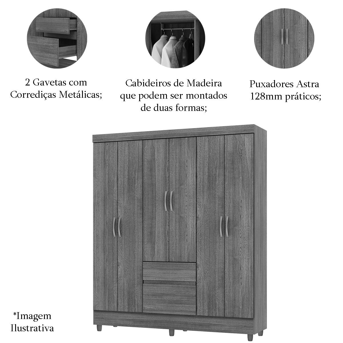 Guarda-Roupa 6 Portas Ideval com Cômoda Sapateira Sirios Imbuia/Champanhe