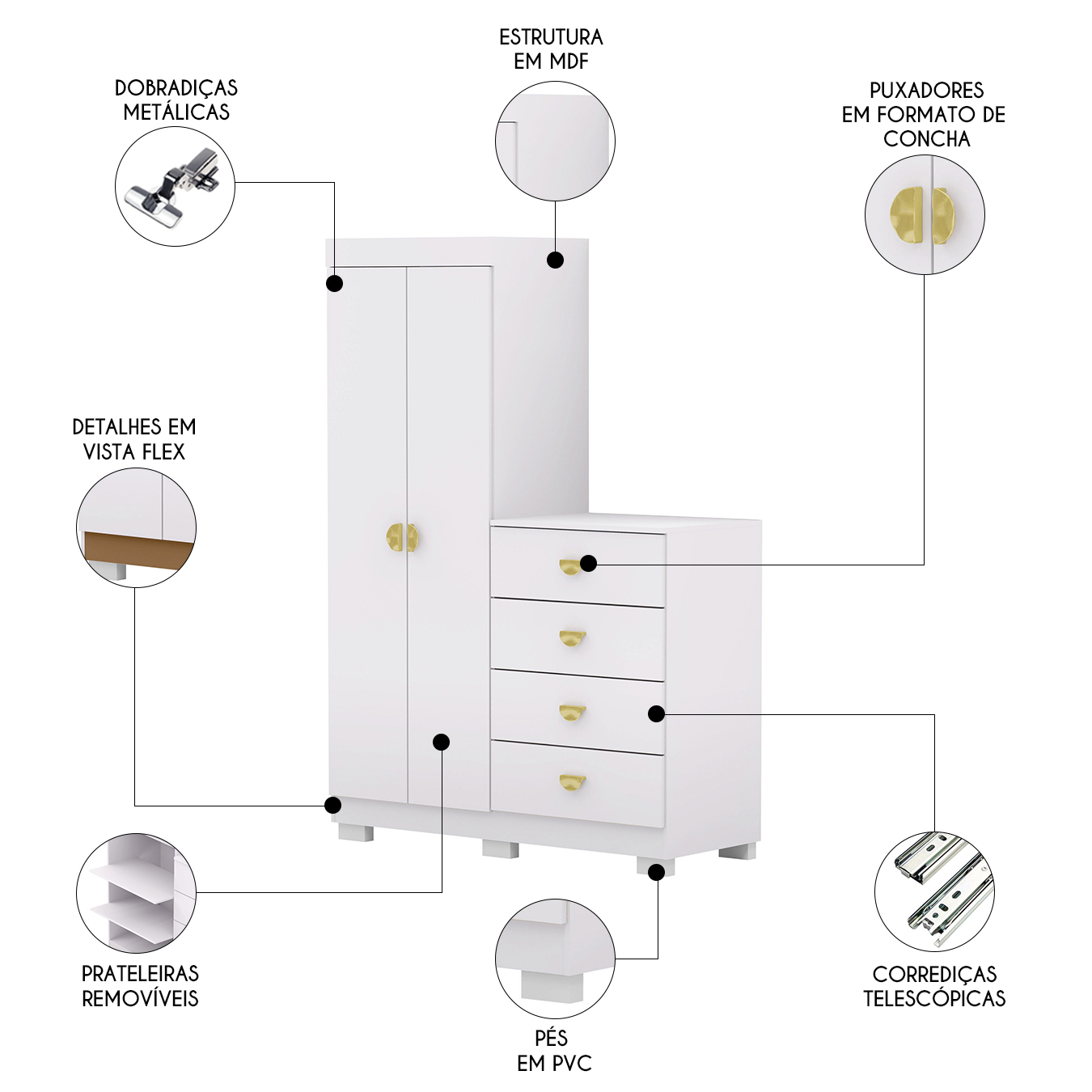 Guarda Roupa Cômoda 4 Gavetas 120cm Cristal Flex Branco - Vila Rica