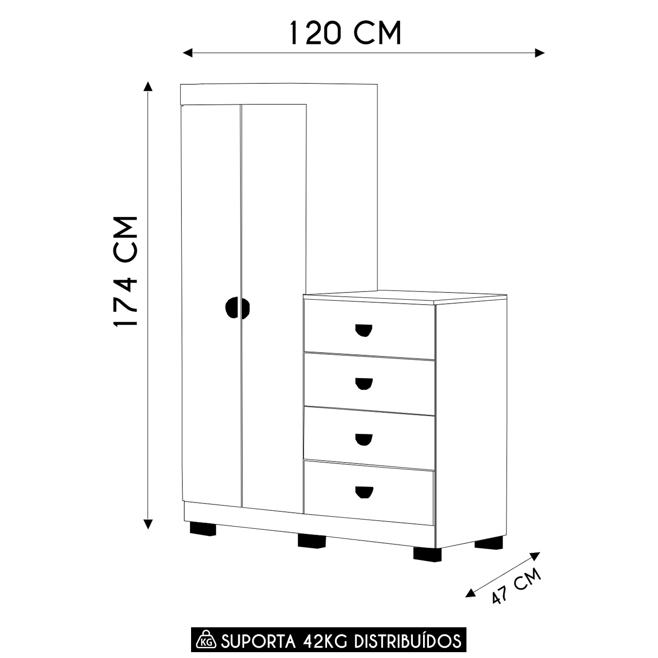 Guarda Roupa Cômoda 4 Gavetas 120cm Cristal Imbuia Rústico - Vila Rica