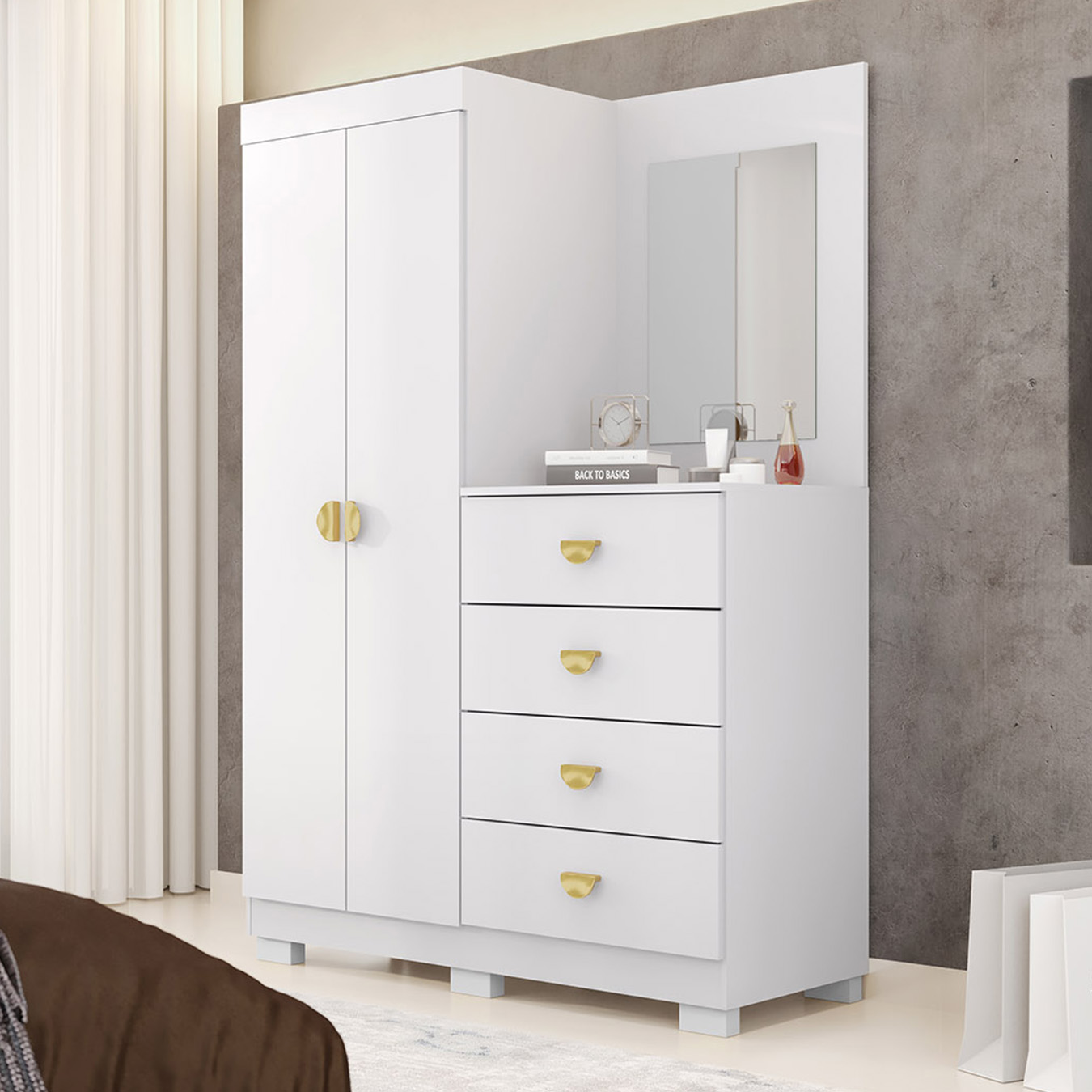 Guarda Roupa Cômoda Com Espelho 120cm Cristal Flex Branco - Vila Rica