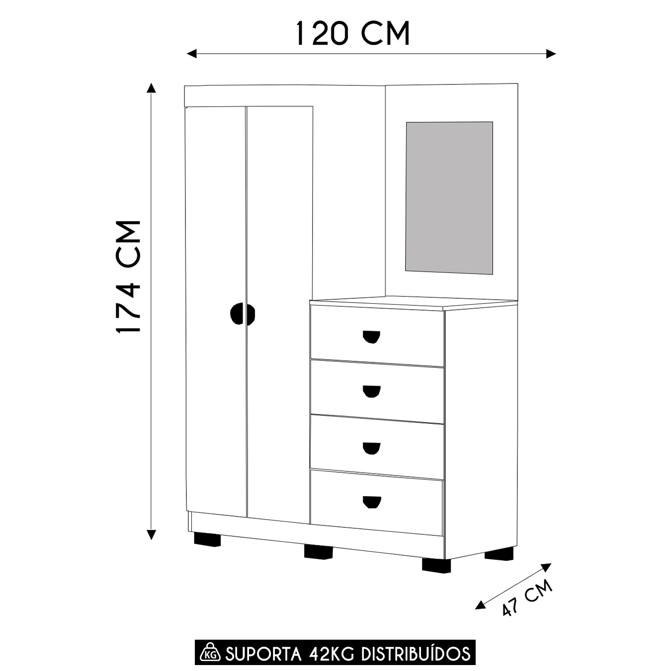 Guarda Roupa Cômoda Com Espelho 120cm Cristal Imbuia Rústico - Vila Rica