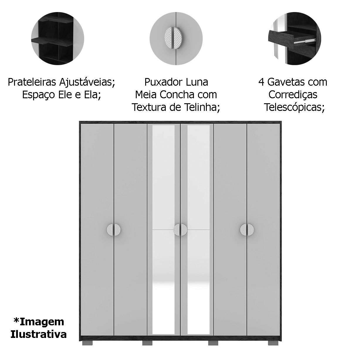 Guarda-Roupa Casal 100% MDF 6 Portas com Espelho Bolonha Nature