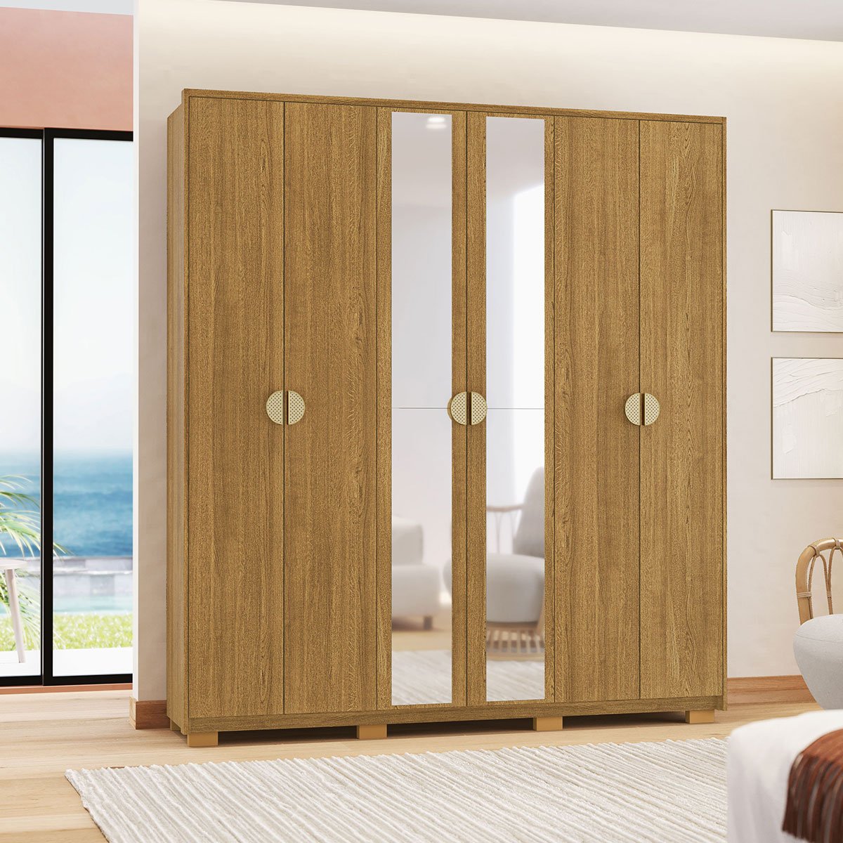 Guarda-Roupa Casal 100% MDF 6 Portas com Espelho Bolonha Nature