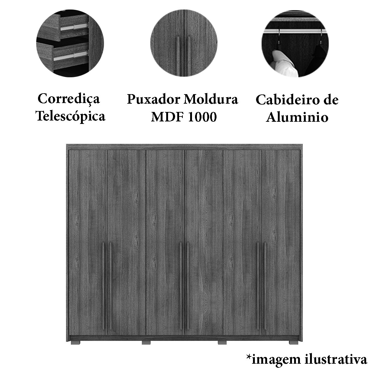 Guarda-Roupa Casal 6 Portas 3 Gavetas 100% MDF Dukai Nature/Fendi