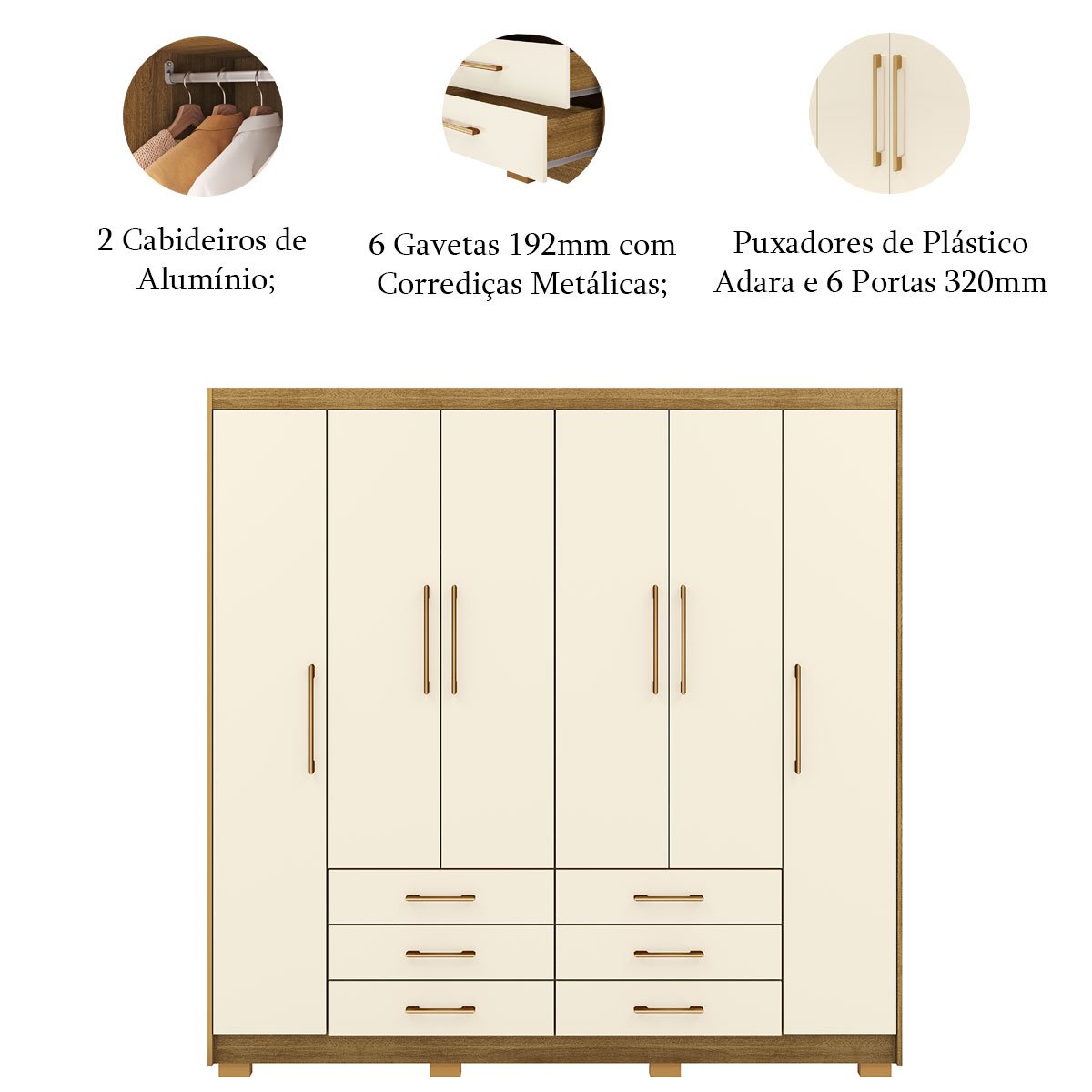 Guarda-Roupa Casal 6 Portas 6 Gavetas 100% MDF Cadence Nature/Champagne