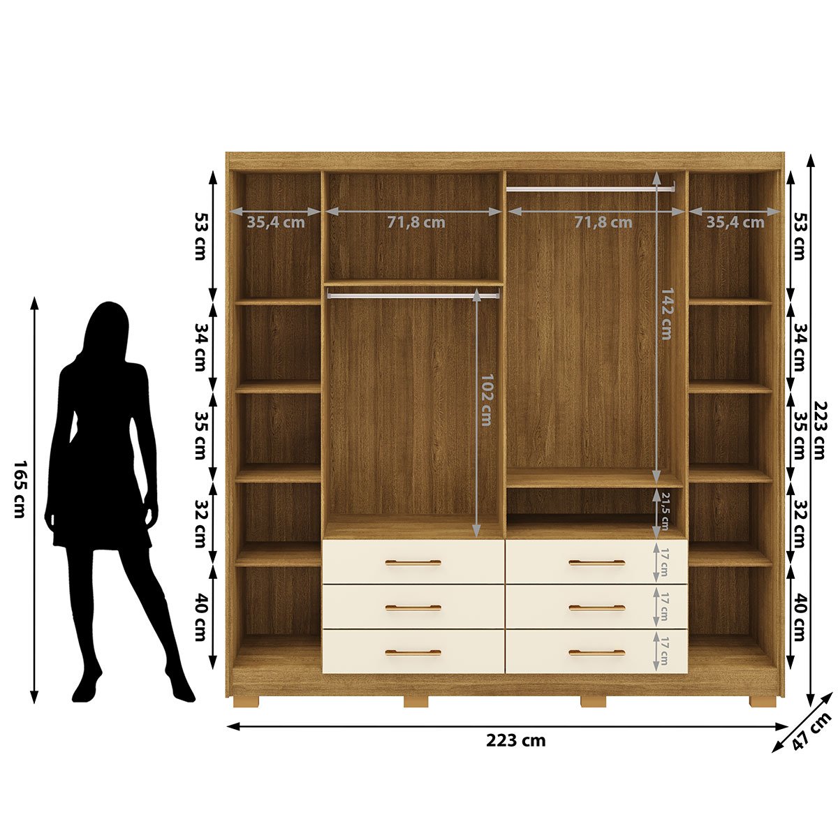 Guarda-Roupa Casal 6 Portas 6 Gavetas 100% MDF Cadence Nature/Champagne