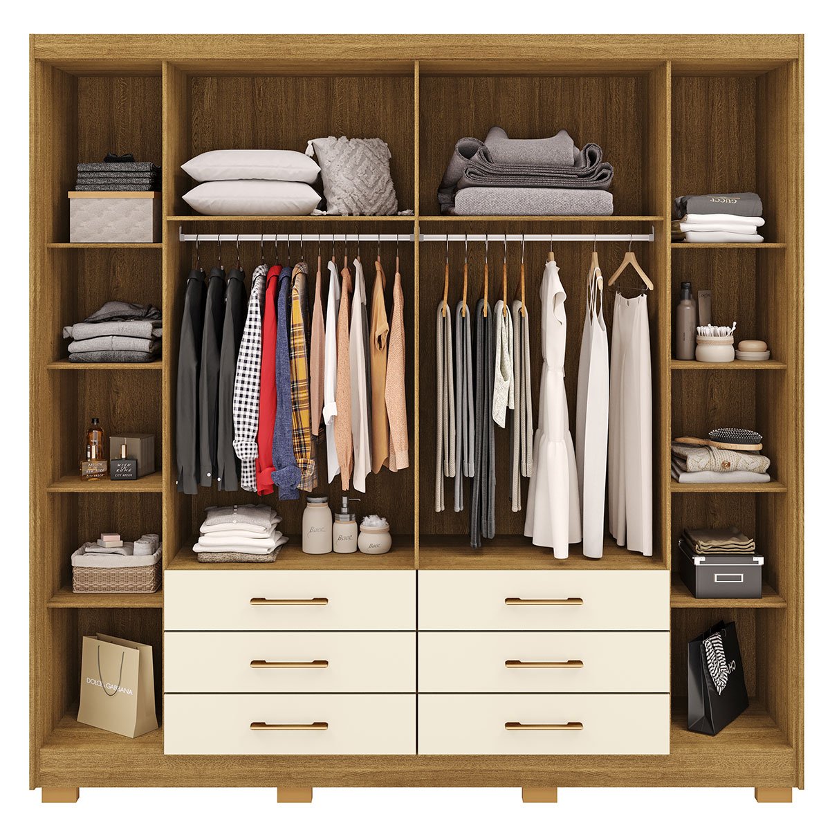 Guarda-Roupa Casal 6 Portas 6 Gavetas 100% MDF Espelho Cadence Nature/Champagne