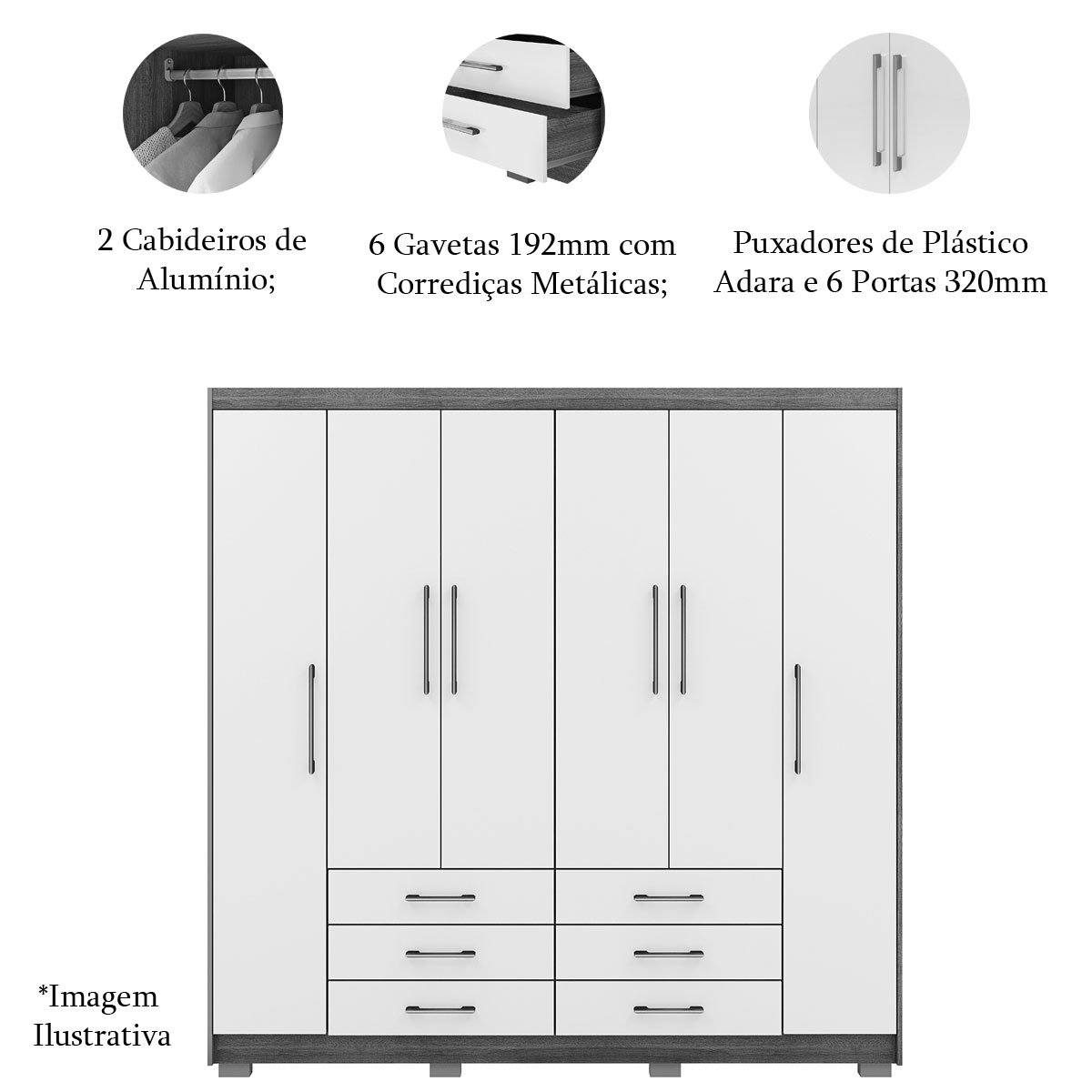 Guarda-Roupa Casal 6 Portas 6 Gavetas 100% MDF Espelho Cadence Nature/Champagne