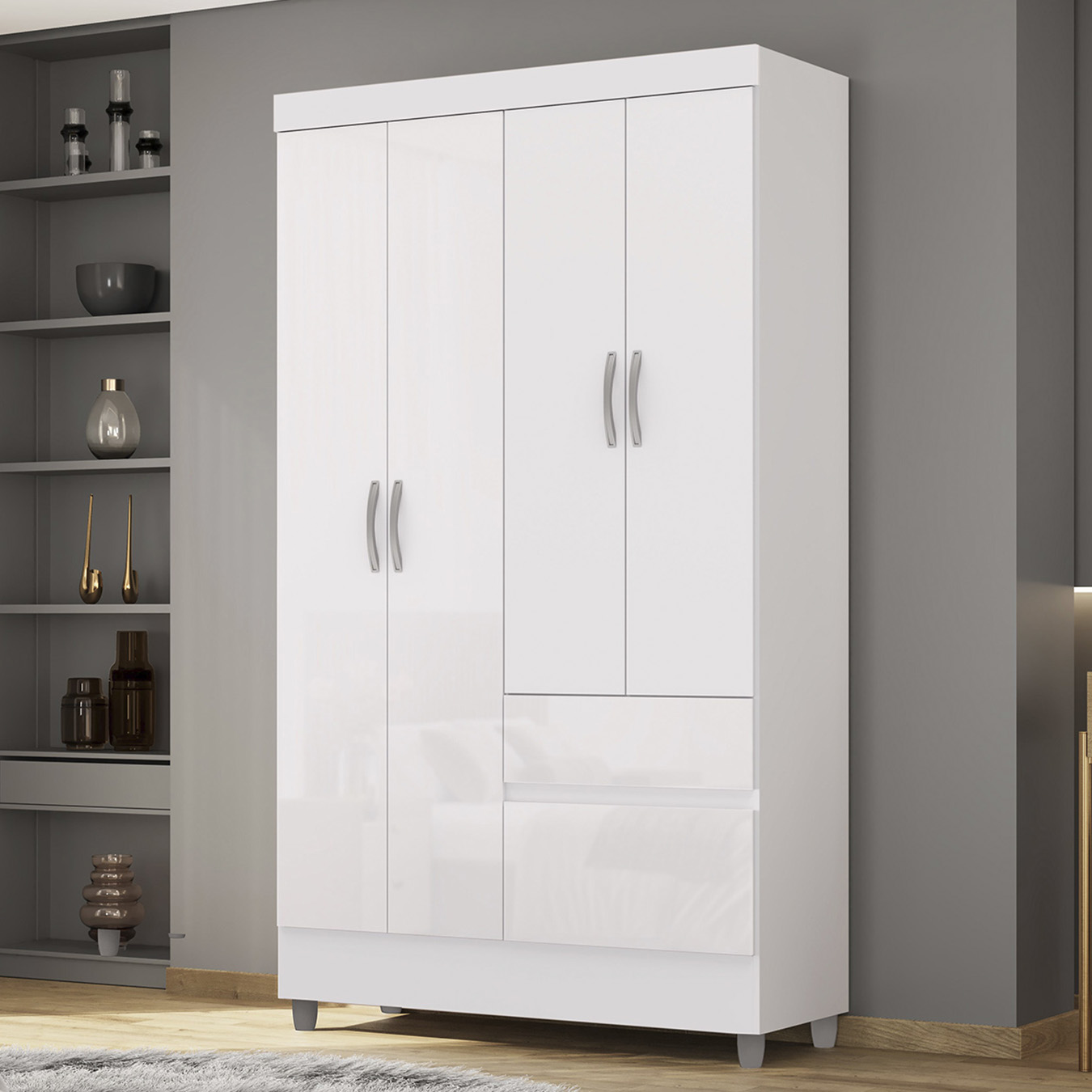 Guarda Roupa Solteiro 103cm Com 4 Portas Ideal Flex Branco - Vila Rica