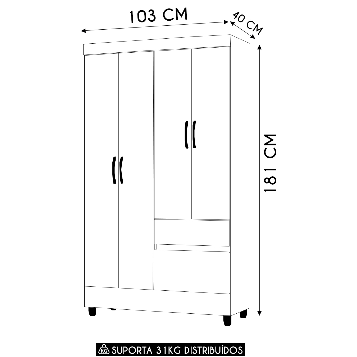 Guarda Roupa Solteiro 103cm Com 4 Portas Ideal Flex Branco - Vila Rica