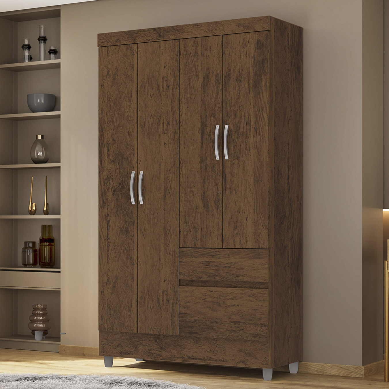 Guarda Roupa Solteiro 103cm Com 4 Portas Ideal Imbuia Rústico - Vila Rica