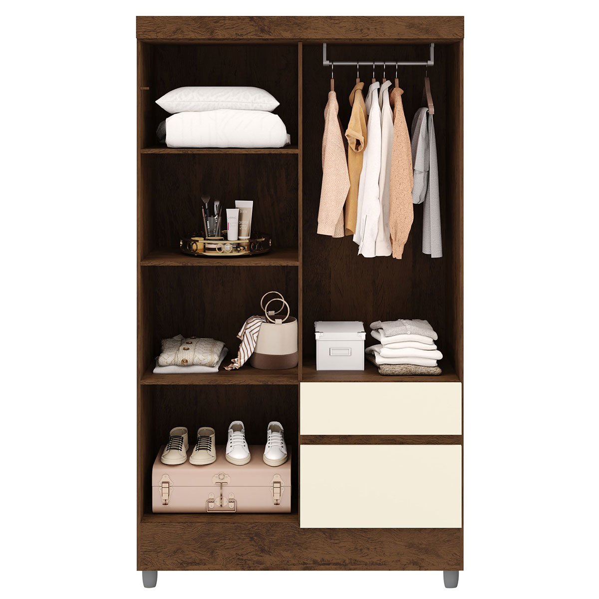 Guarda-Roupa Solteiro 4 Portas 2 Gavetas com Espelho Ideval Imbuia/Champanhe