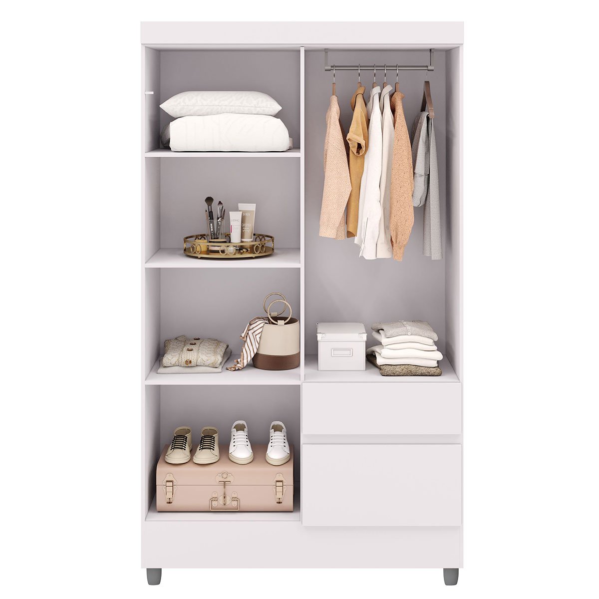 Guarda-Roupa Solteiro 4 Portas 2 Gavetas com Pés Ideval Branco/Camarim