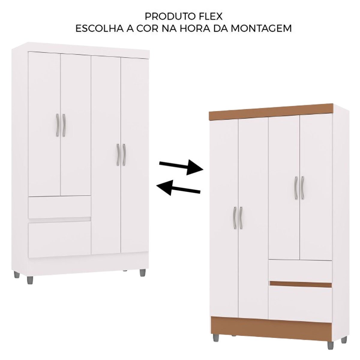 Guarda-Roupa Solteiro 4 Portas 2 Gavetas com Pés Ideval Branco/Camarim