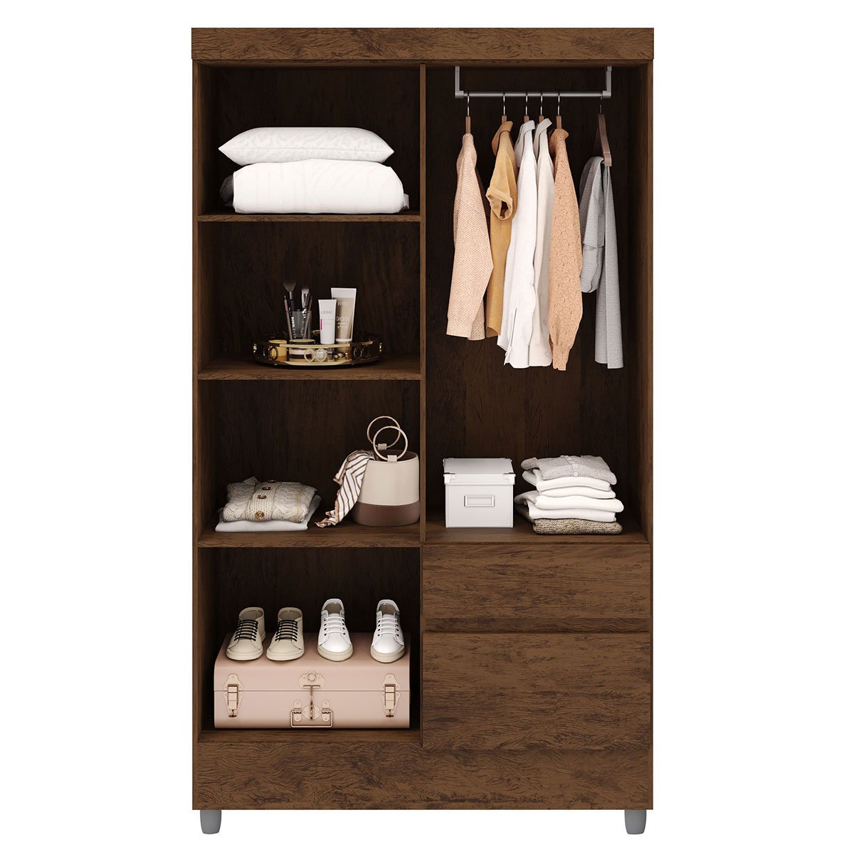 Guarda-Roupa Solteiro 4 Portas 2 Gavetas com Pés Ideval Imbuia Rústico