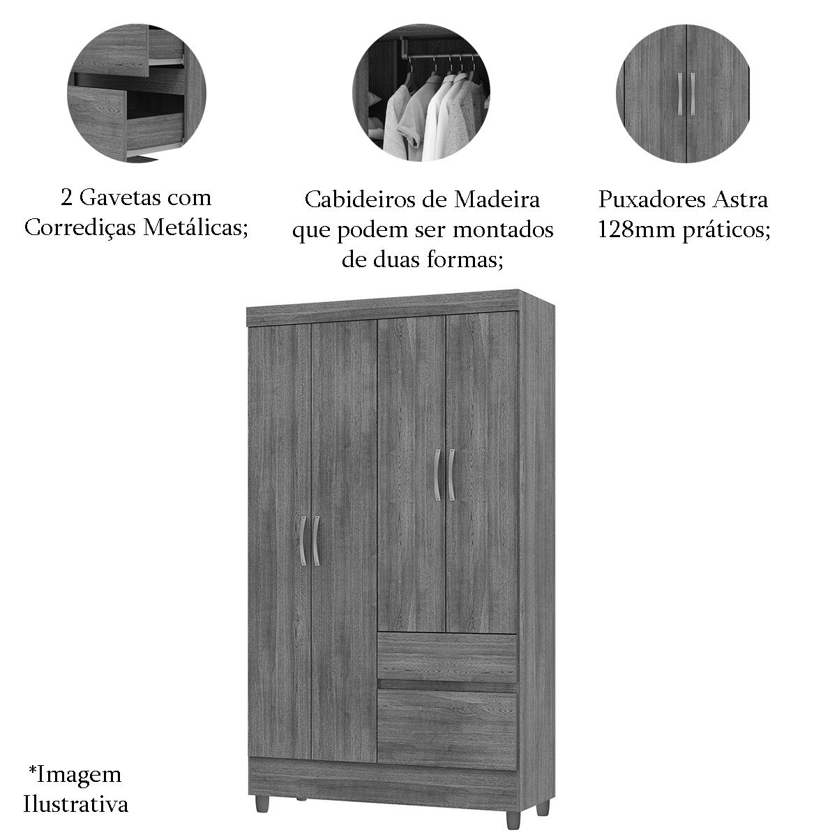 Guarda-Roupa Solteiro 4 Portas 2 Gavetas com Pés Ideval Imbuia Rústico