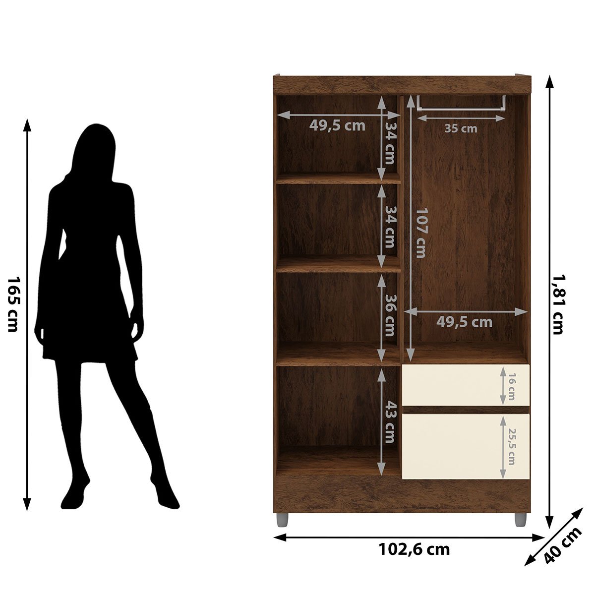 Guarda-Roupa Solteiro 4 Portas 2 Gavetas com Pés Ideval Imbuia/Champanhe