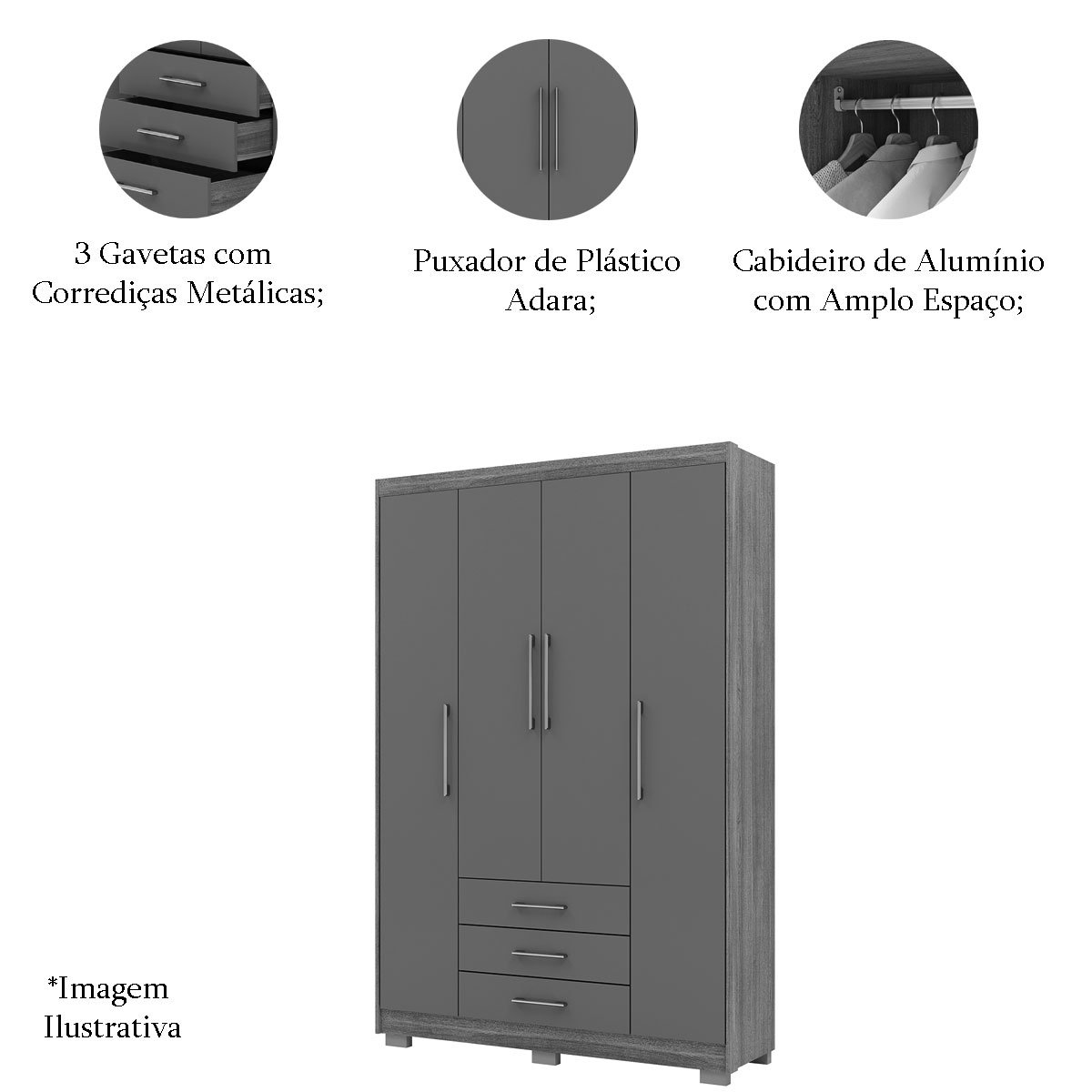 Guarda-Roupa Solteiro 4 Portas 3 Gavetas 9 Prateleiras Espada Nature/Brisa