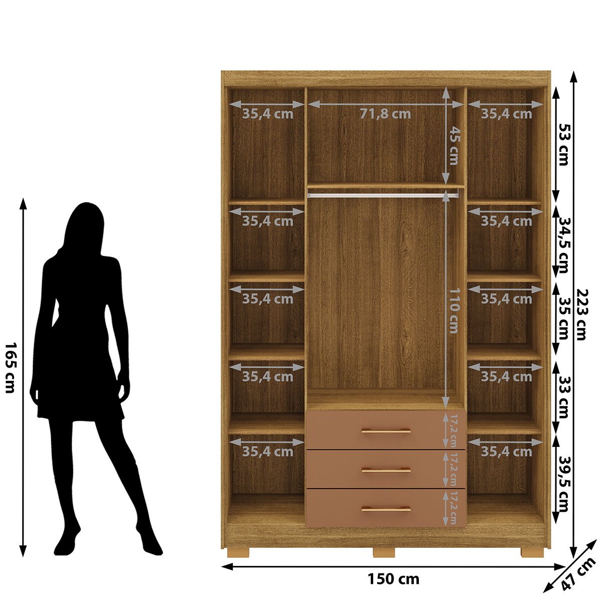 Guarda-Roupa Solteiro 4 Portas 3 Gavetas 9 Prateleiras Espada Nature/Camarim