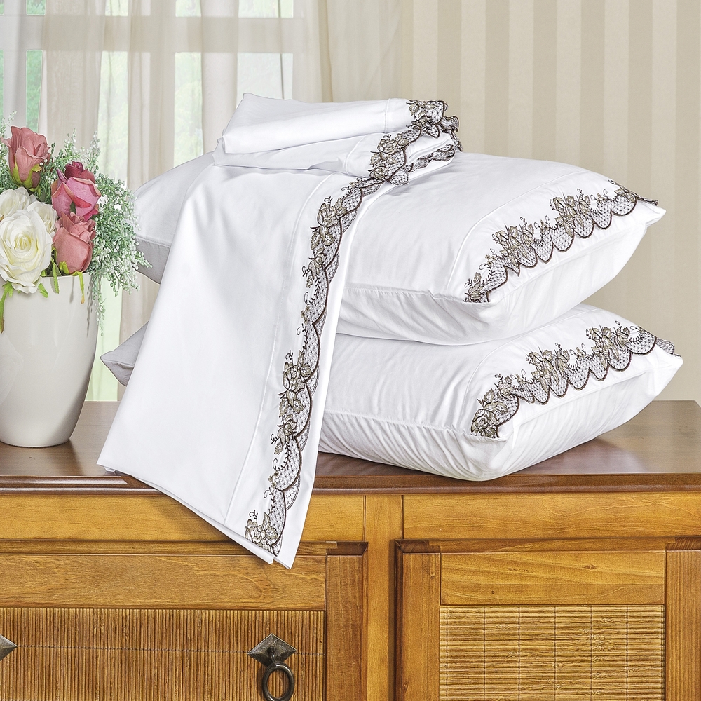 Jogo de Cama King Bordado 200 fios Mondrean Branco Vilela Enxovais 4 peças