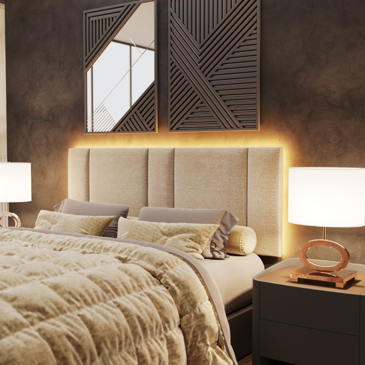 Cabeceira Queen Estofada com LED - Boucle Bege