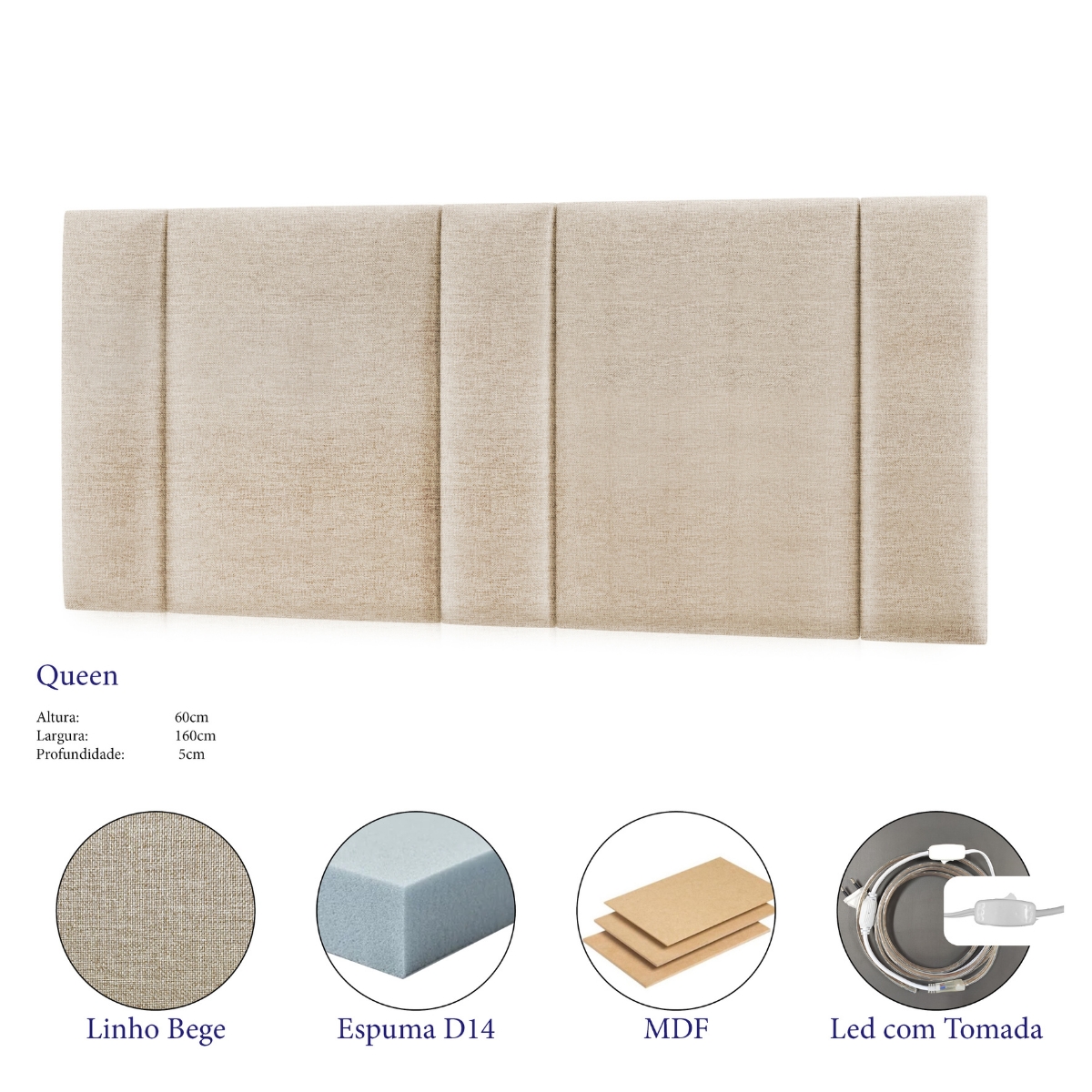 Cabeceira Queen Estofada com LED - Boucle Bege