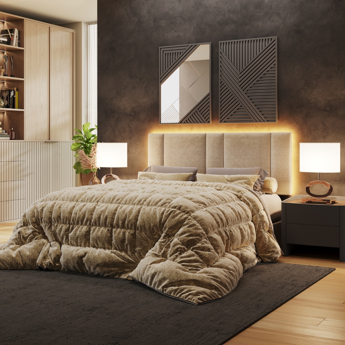 Cabeceira Queen Estofada com LED - Boucle Bege