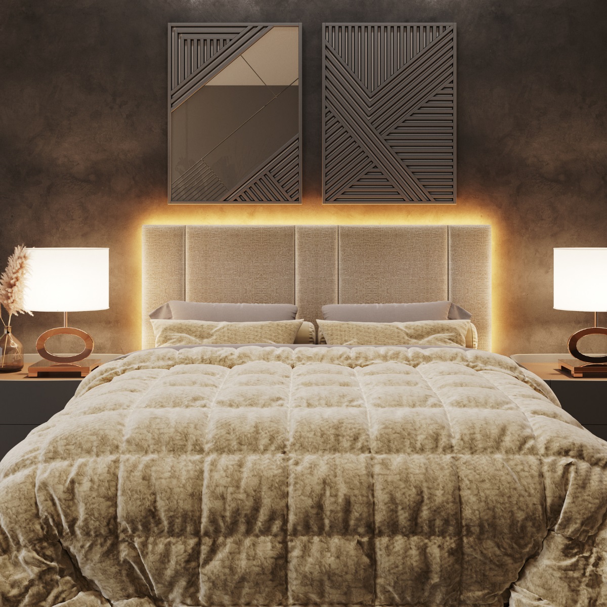 Cabeceira Queen Estofada com LED - Boucle Bege