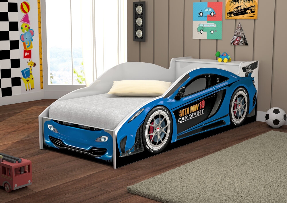Cama Carro com Baú Infantil Azul com Colchão