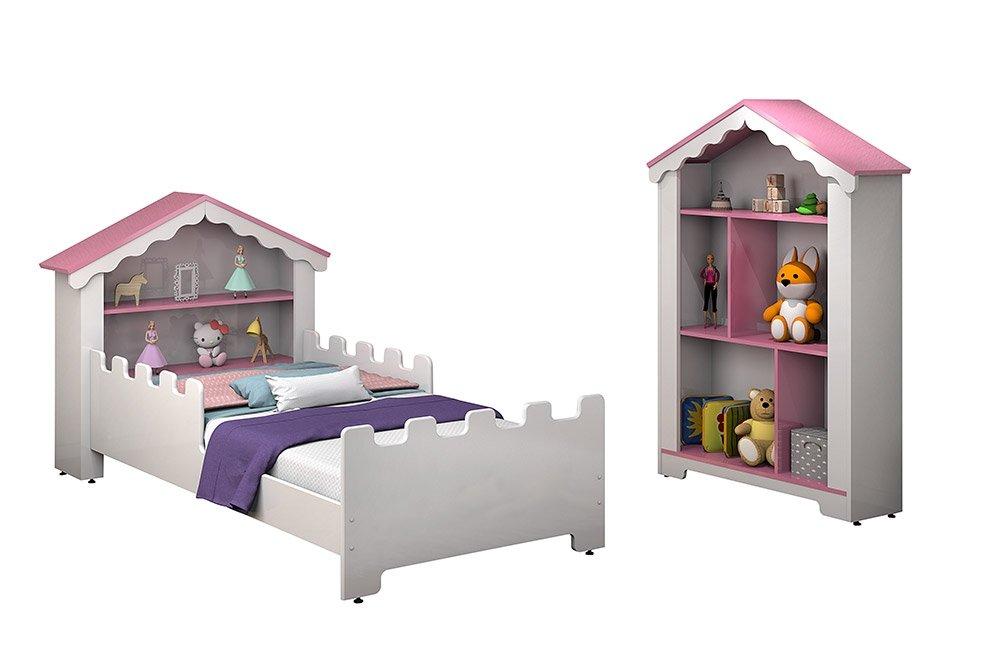 Conjunto De Quarto Princesa Com Cama, Estante E Colchão Branco/Rosa - Vitamov