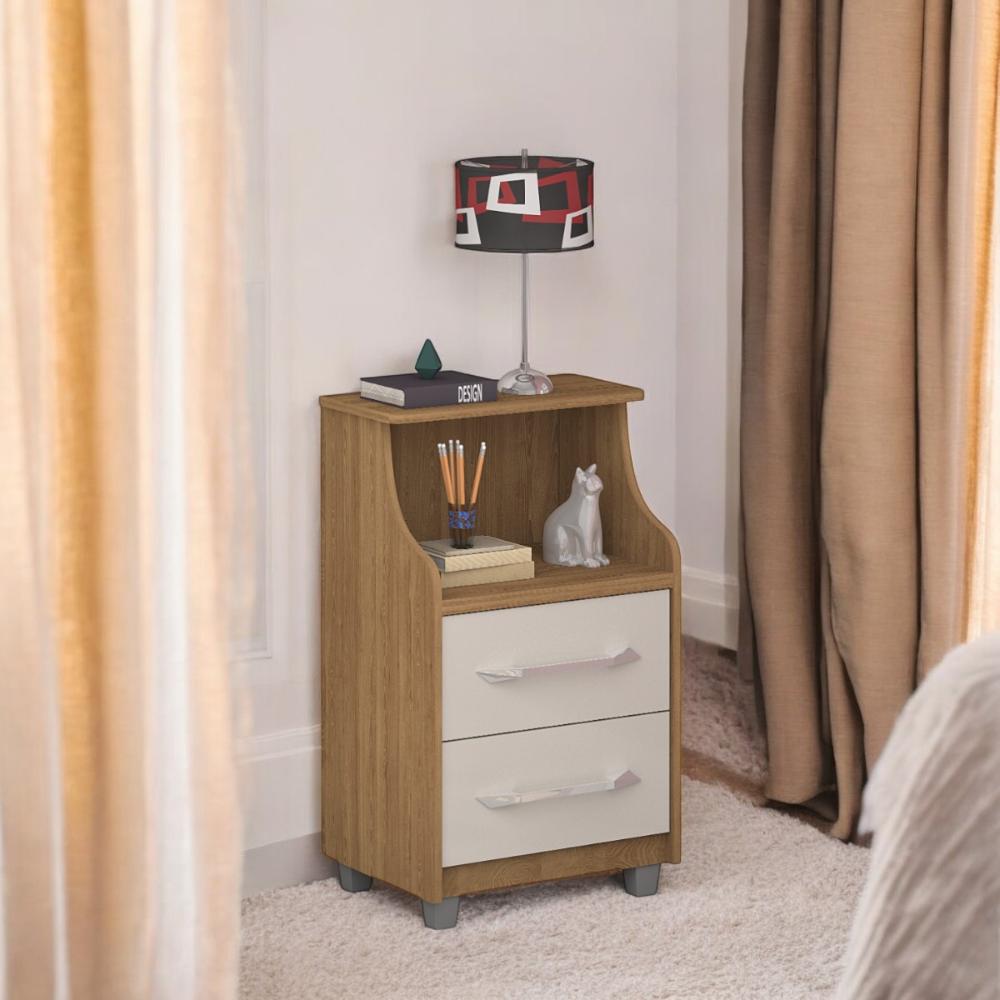 Mesa De Cabeceira Com 02 Gavetas Topázio Freijó E Off White