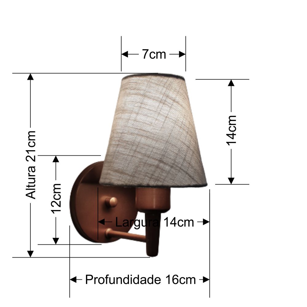 Arandela Cone Md-2004 Cobre Cúpula em Tecido Rustico Cinza