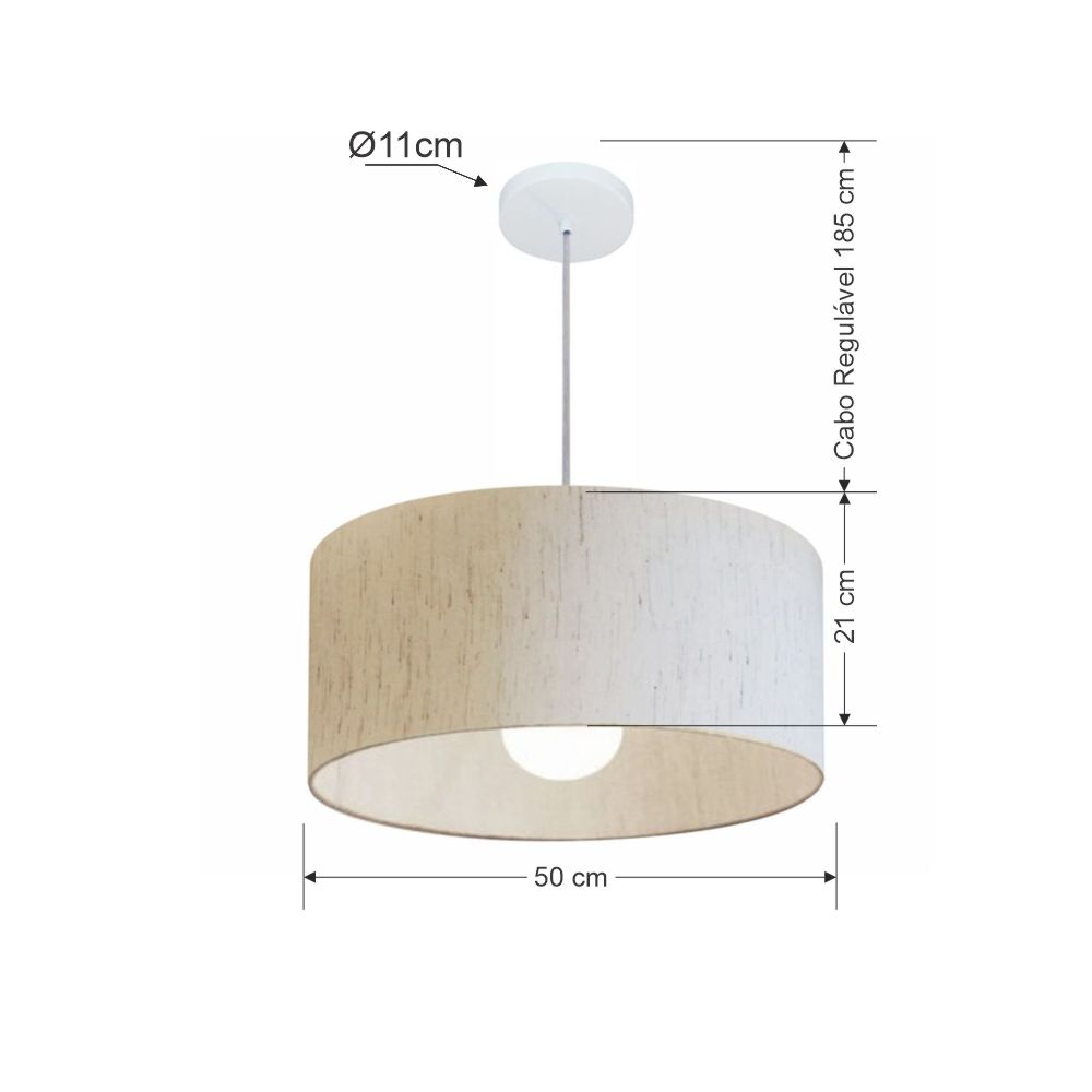 Pendente Cilíndrico 4052 Cúpula em Tecido 50x21cm Linho Bege- Bivolt
