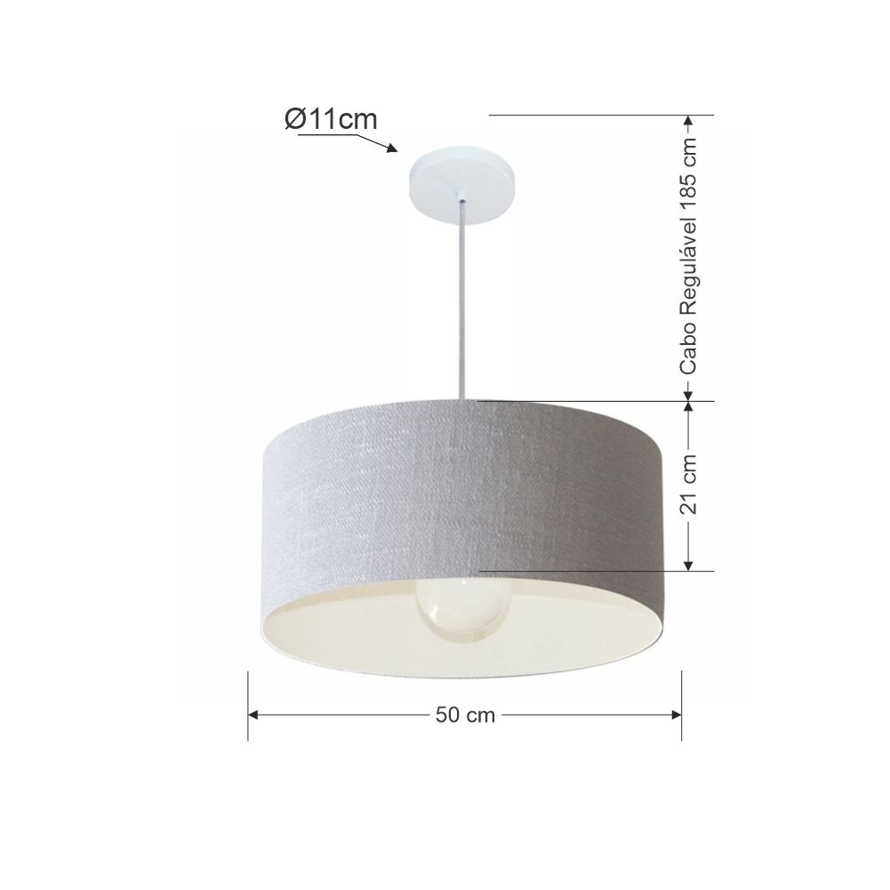 Pendente Cilíndrico 4052 Cúpula em Tecido 50x21cm Rústico Cinza - Bivolt
