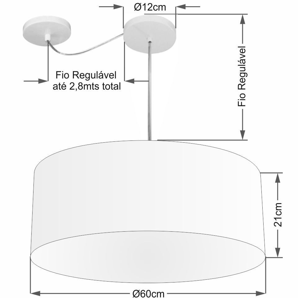 Pendente Cilíndrico Com Desvio Md-4266 Cúpula em Tecido 60x21cm Rústico Cinza - Bivolt