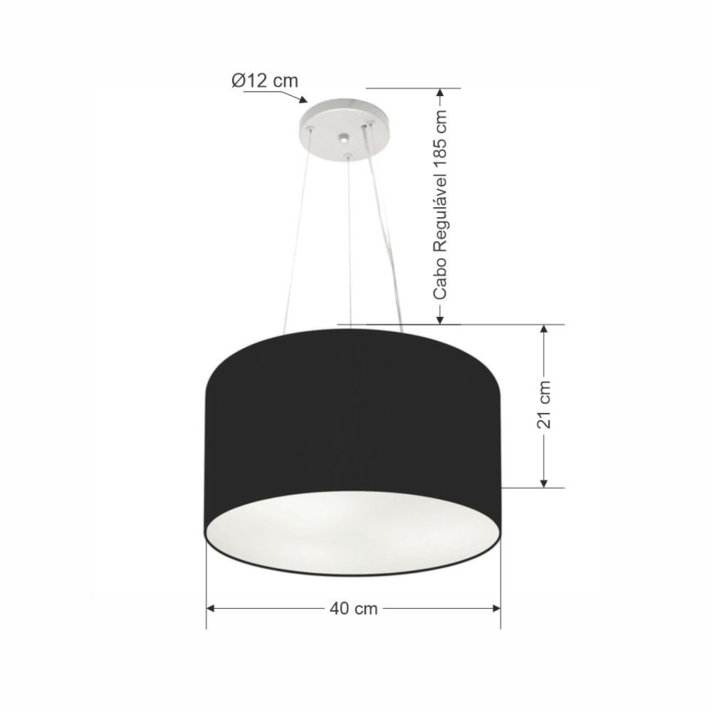 Pendente Cilíndrico Md-4009 Cúpula em Tecido 40x21cm Preto - Bivolt