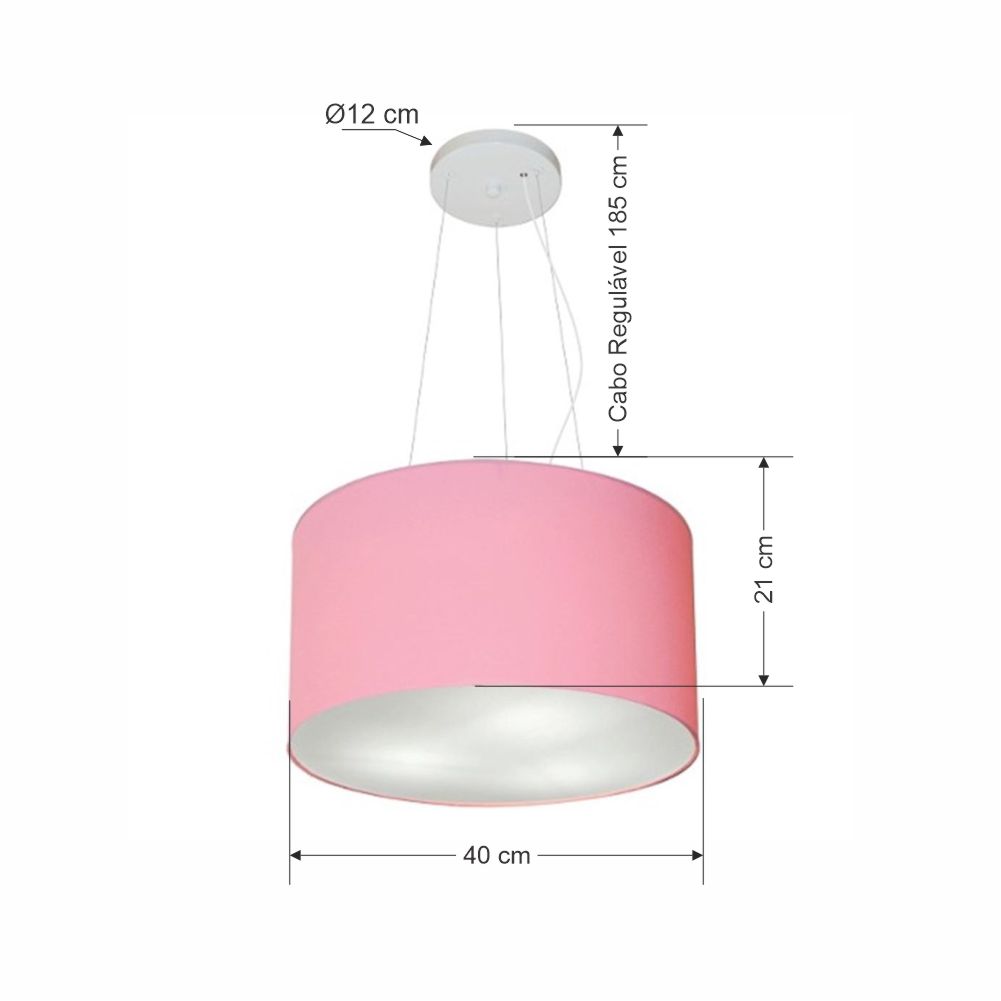 Pendente Cilíndrico Md-4009 Cúpula em Tecido 40x21cm Rosa Bebê - Bivolt