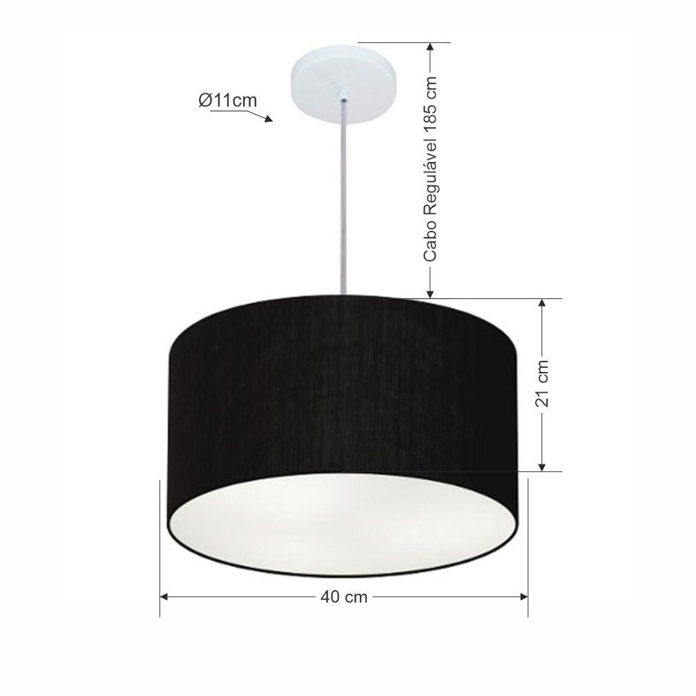 Pendente Cilíndrico Md-4019 Cúpula em Tecido 40x21cm Preto - Bivolt