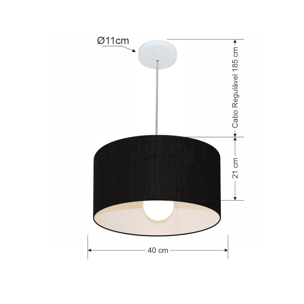 Pendente Cilíndrico Md-4031 Cúpula em Tecido 40x21cm Preto - Bivolt