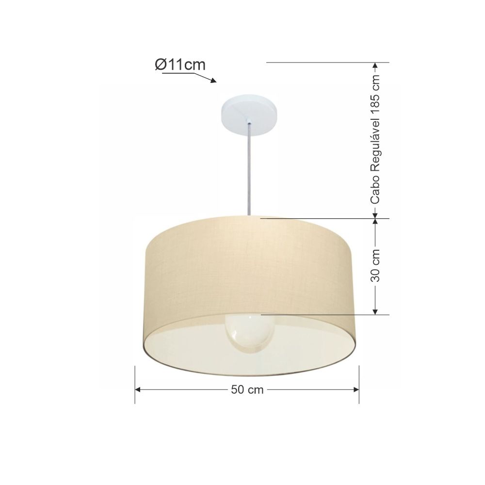 Pendente Cilíndrico Md-4069 Cúpula em Tecido 50x30cm Algodão Crú - Bivolt