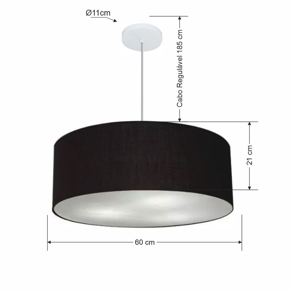 Pendente Cilíndrico Md-4079 Cúpula em Tecido 60x21cm Preto - Bivolt