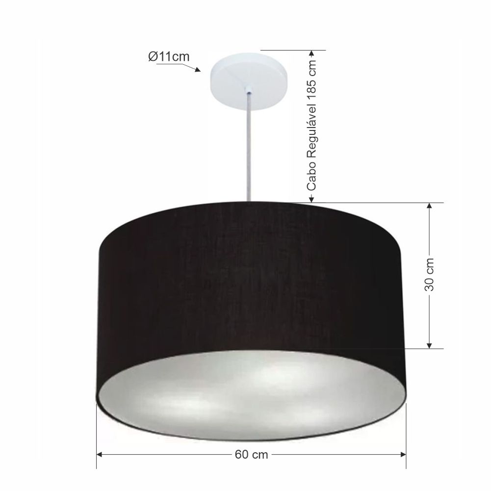 Pendente Cilíndrico Md-4080 Cúpula em Tecido 60x30cm Preto - Bivolt