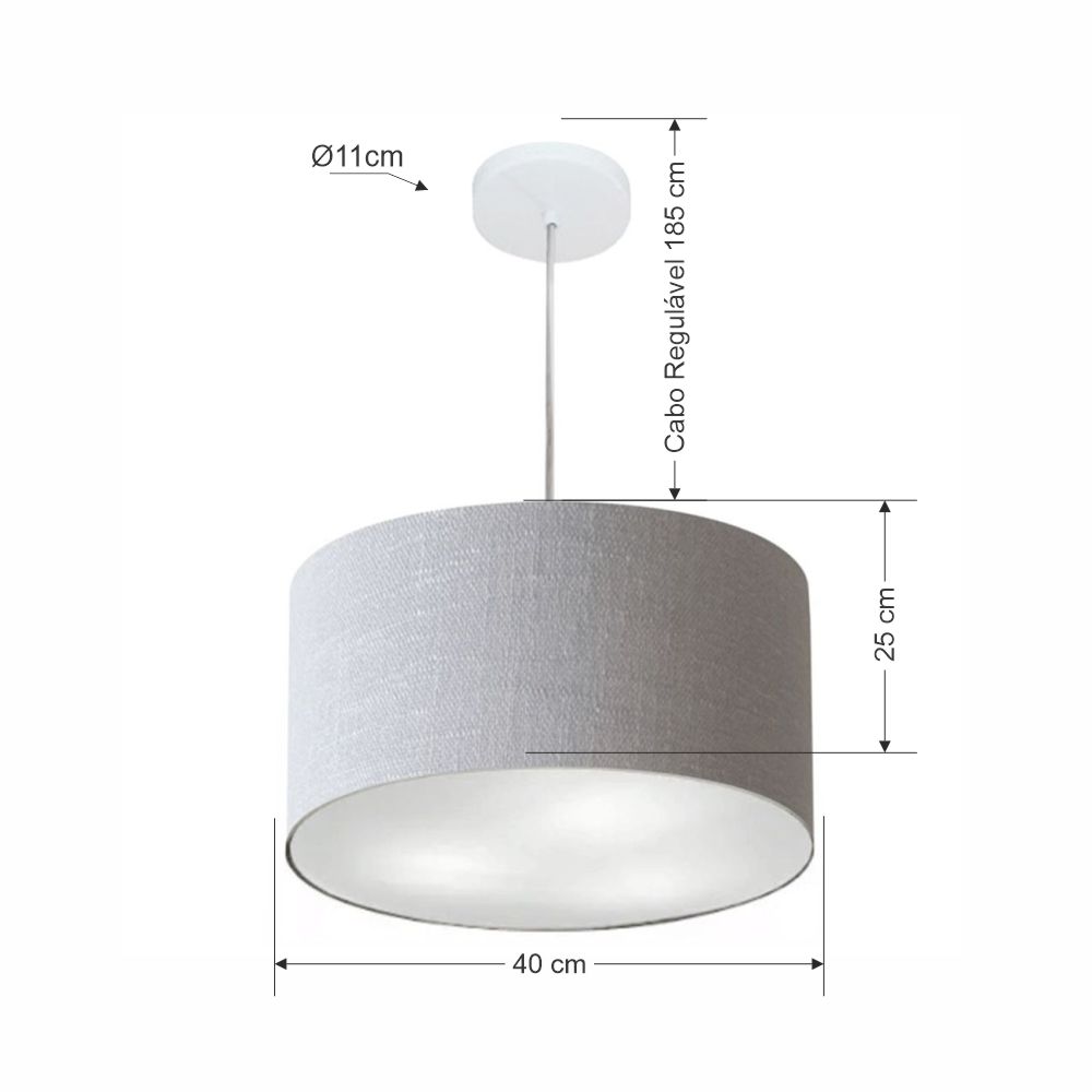 Pendente Cilíndrico Md-4099 Cúpula em Tecido 40x25cm Rústico Cinza - Bivolt