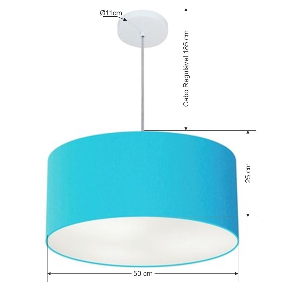 Pendente Cilíndrico Md-4100 Cúpula em Tecido 50x25cm Azul Turquesa - Bivolt