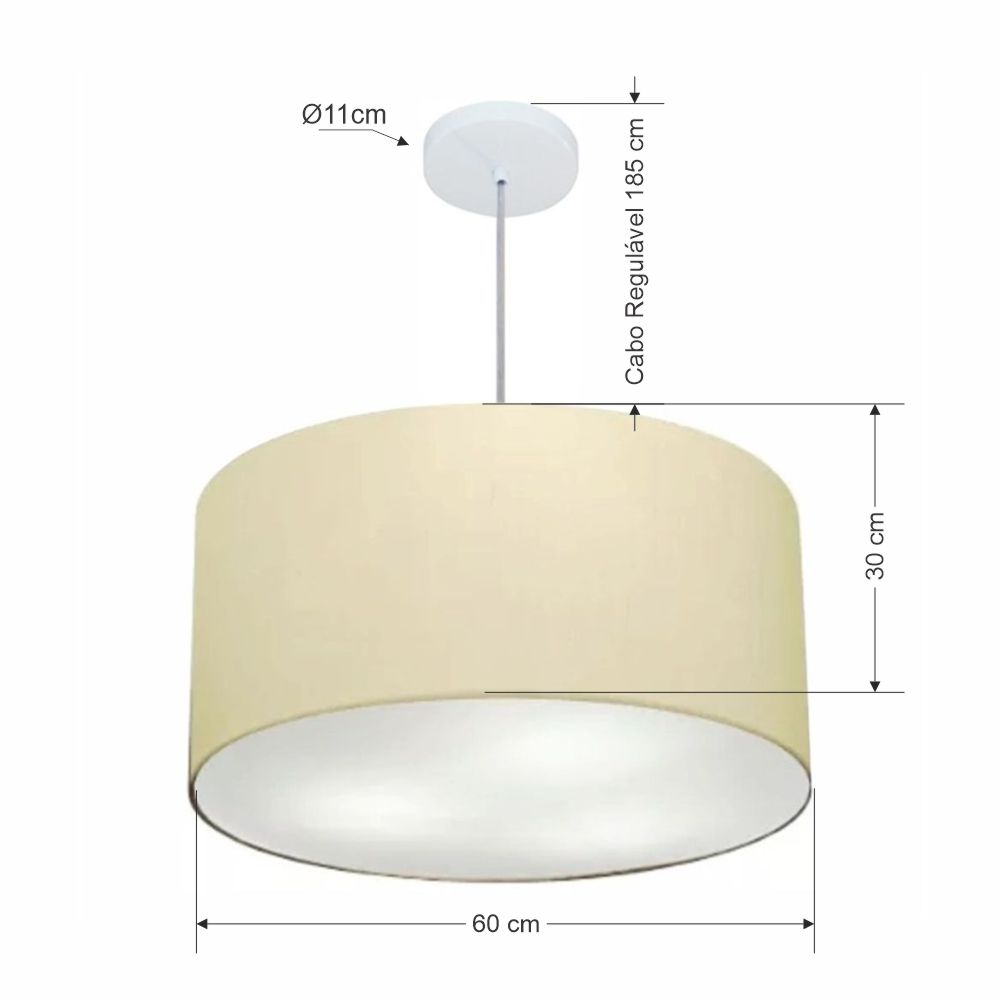 Pendente Cilíndrico Md-4101 Cúpula em Tecido 60x30cm Algodão Crú - Bivolt