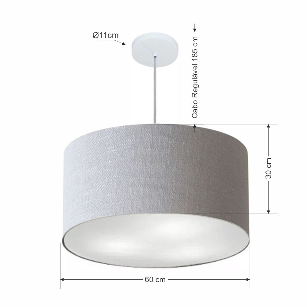 Pendente Cilíndrico Md-4101 Cúpula em Tecido 60x30cm Rústico Cinza - Bivolt