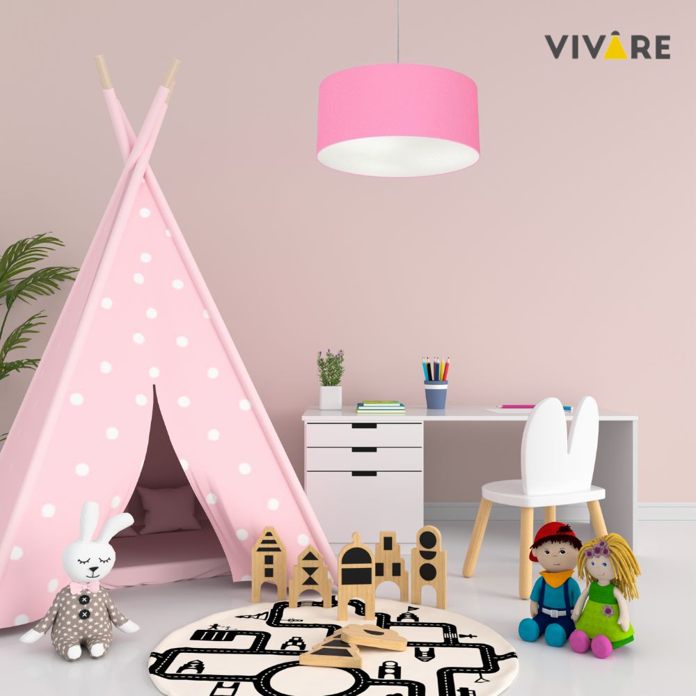 Pendente Cilíndrico Md-4101 Cúpula em Tecido 60x30cm Rosa Bebê - Bivolt