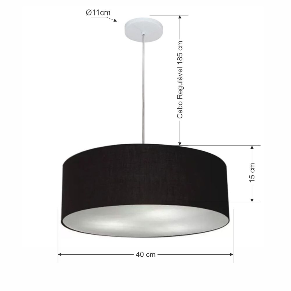 Pendente Cilíndrico Md-4132 Cúpula em Tecido 40x15cm Preto - Bivolt