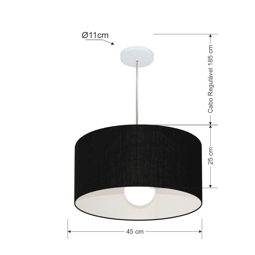 Pendente Cilíndrico Md-4204 Cúpula em Tecido 45x25cm Preto - Bivolt